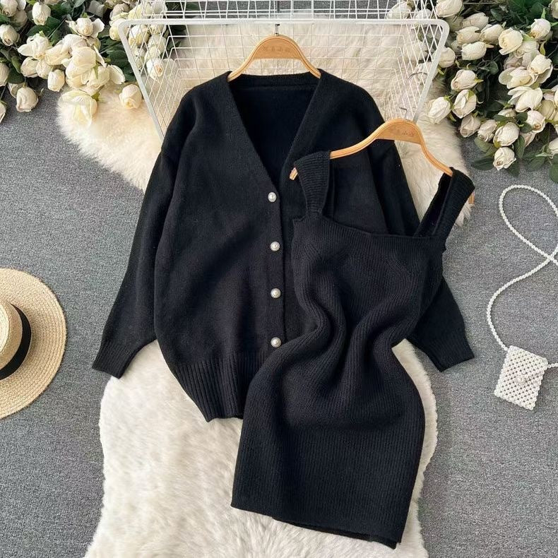 All-match Sweater With Suspenders Dress Knit Two-piece Suit