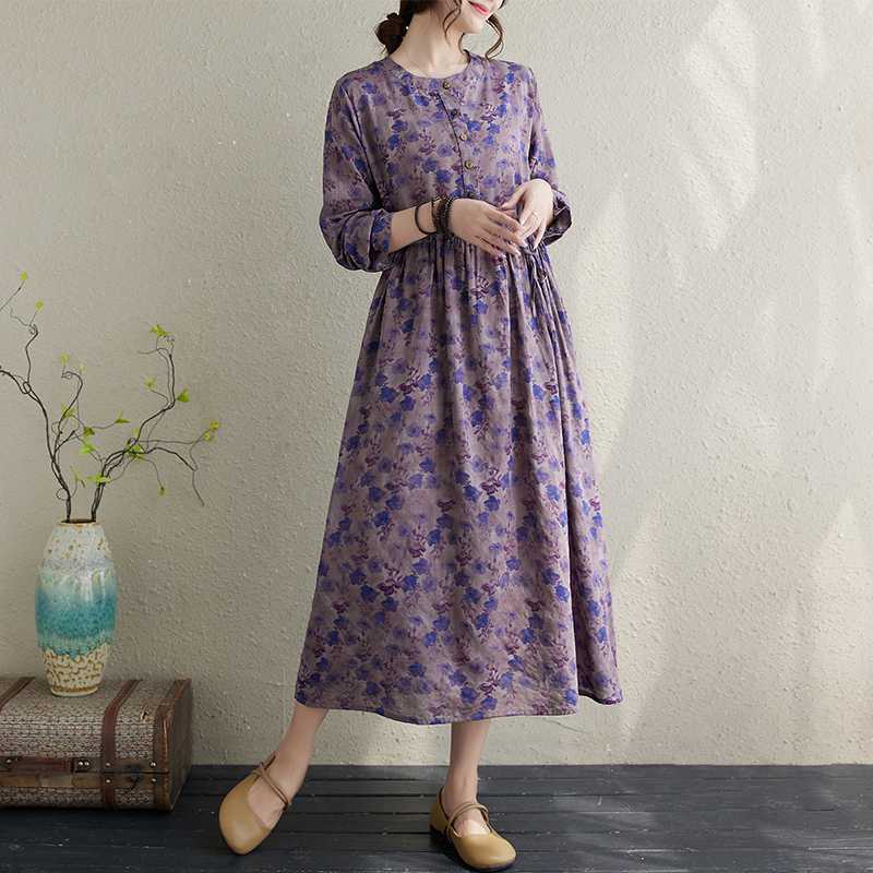 Hemp Cotton Printed Ethnic Style Round-neck Long-sleeved Dress