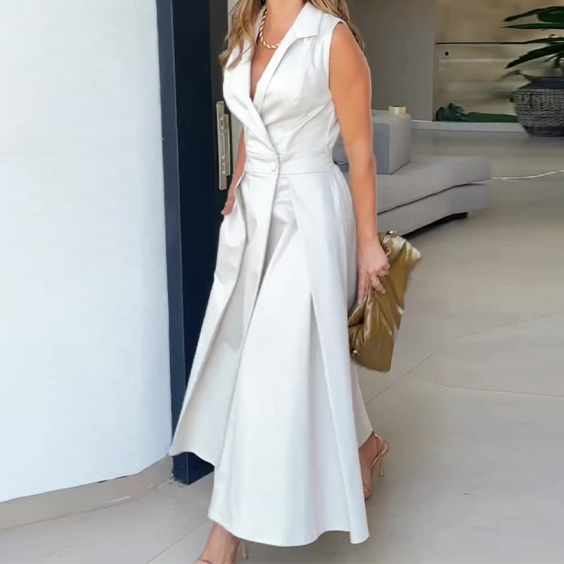 Vestido elegante de talle bajo con escote en V y sin mangas