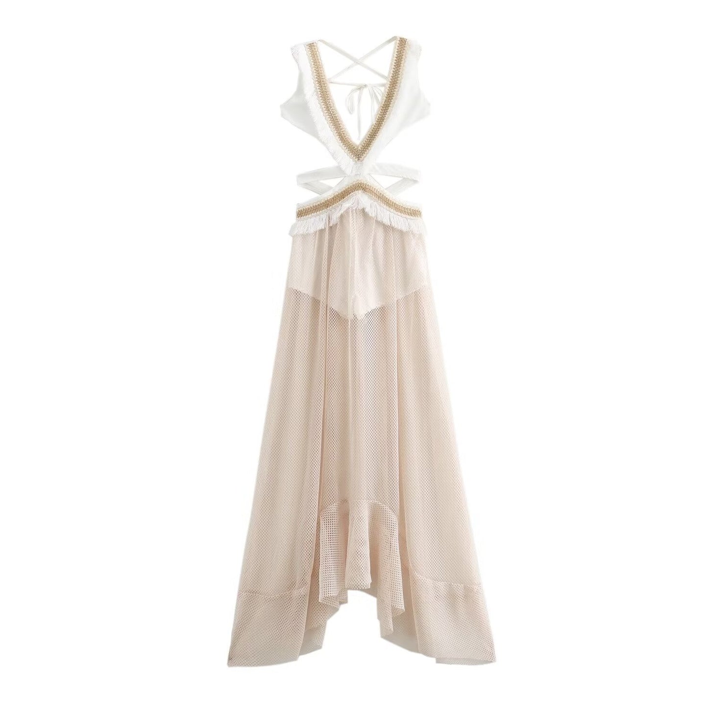 Hollow Out Tied Tassel Stitching Mesh Sleeveless Dress