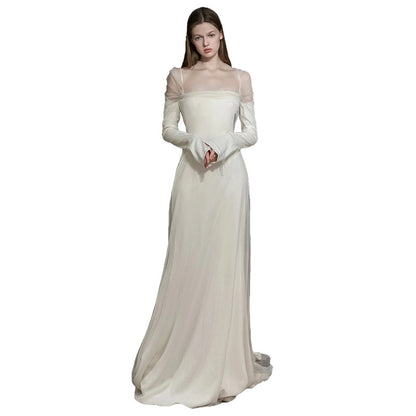 Fishtail Slim Fit Slimming Long Sleeves Wedding Veil Simple Satin Evening Dress