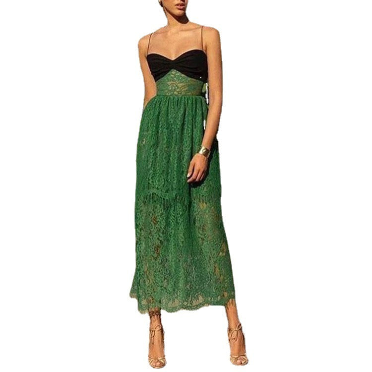 Vestido de mujer con tirantes de encaje verde hueco multicapa