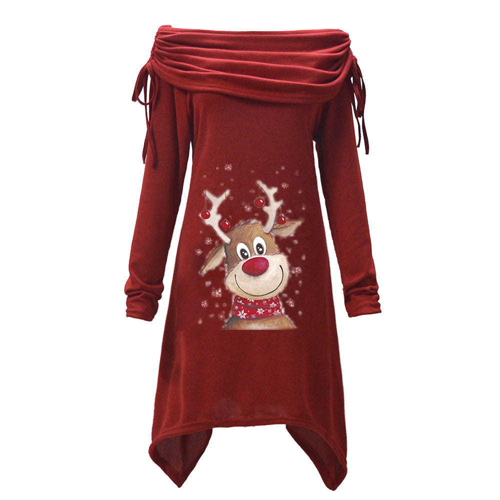 Christmas Elk Printing Pleated Collar Pleated Irregular Long Corset Coat