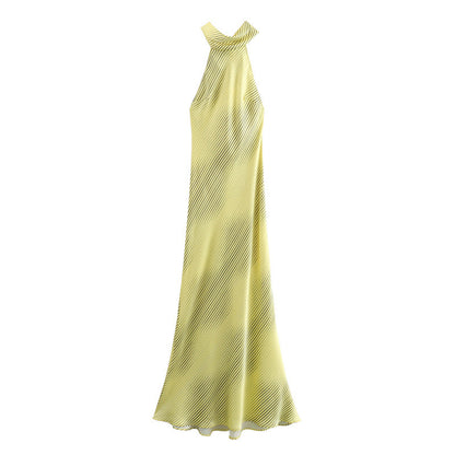 European And American Style Silk Satin Texture Stripes Backless Long Dress