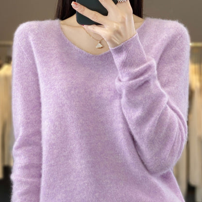 Women's Wool Sweater V-neck Autumn And Winter New Solid Color Loose-fitting Versatile Wool Loose Bottoming Shirt