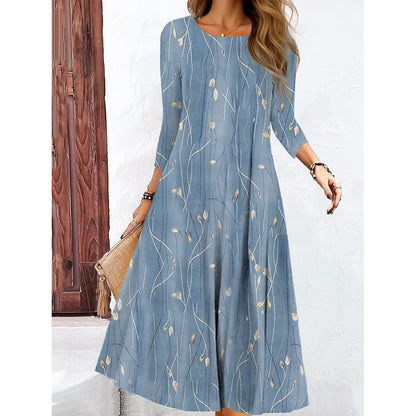 Printed Long Sleeve Round Neck Mid-length Dress