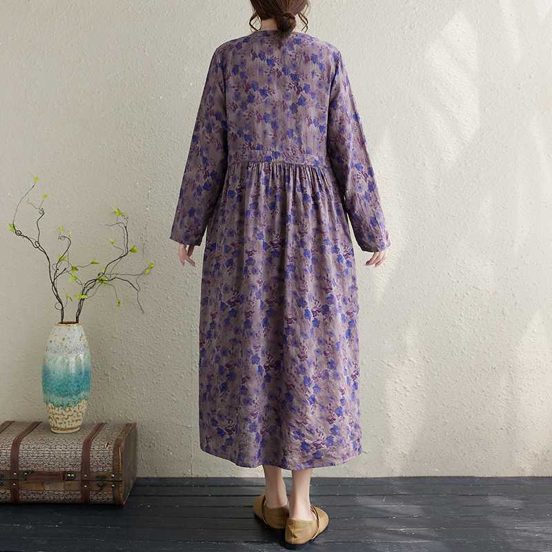 Hemp Cotton Printed Ethnic Style Round-neck Long-sleeved Dress