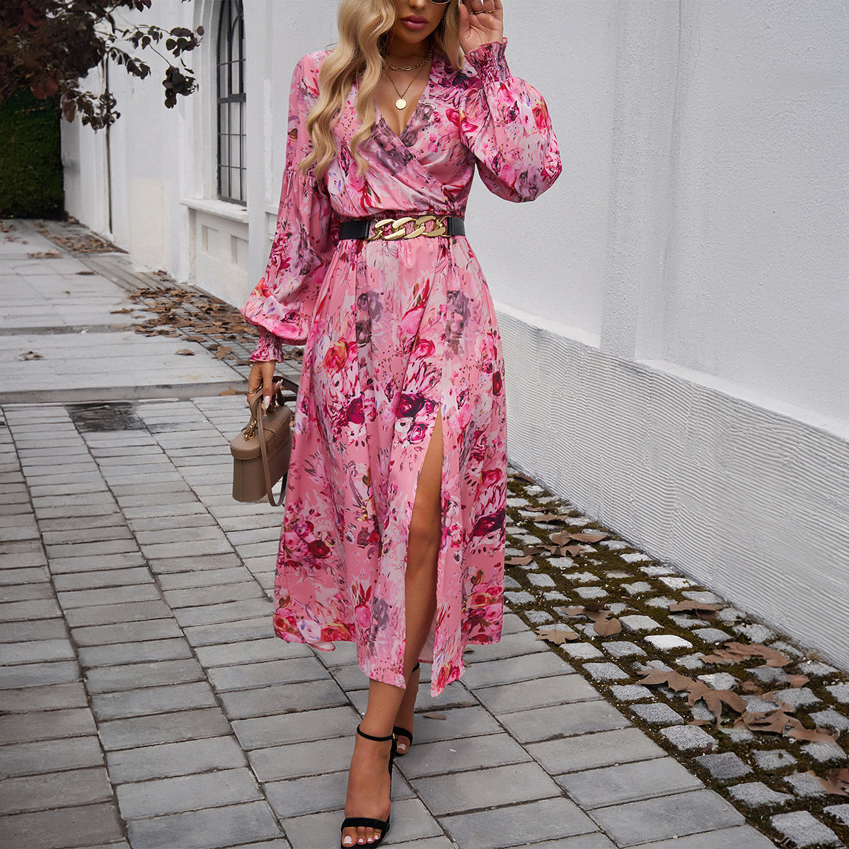 Vestido elegante de talle alto con estampado de temperamento femenino