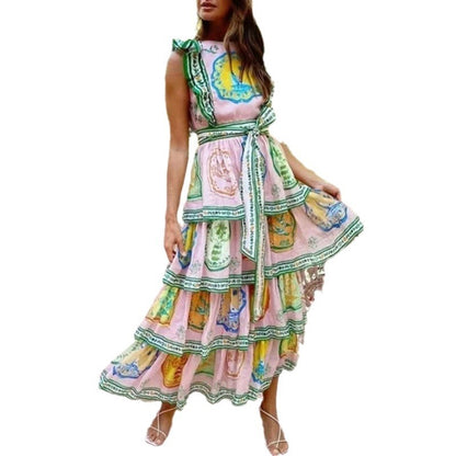 Retro Minority Bohemian Style Printing High Waist Backless Cake Dress