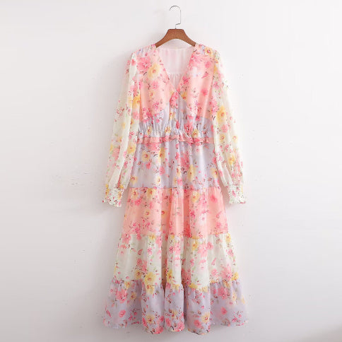 Long European And American Stitching Printing Dress