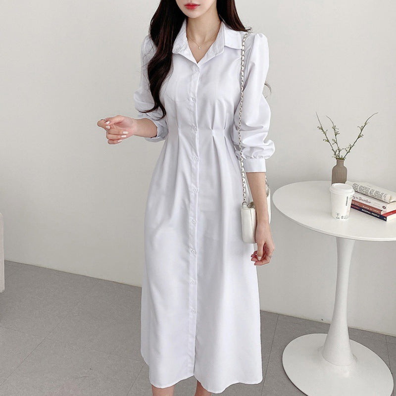 Polo Collar Temperament Waist-controlled Slimming Puff Sleeve Tied Dress