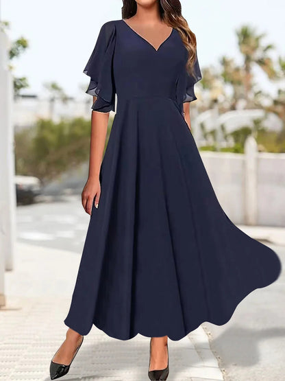 Vestido elegante liso con escote en V y puños con volantes para mujer