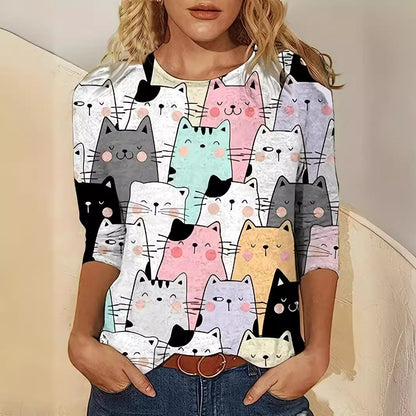 Blusa elegante de verano con estampado de gatitos para mujer