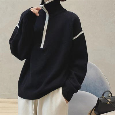 Women's Stand Collar Sweater Loose Short Thick Sweater Half Zipper