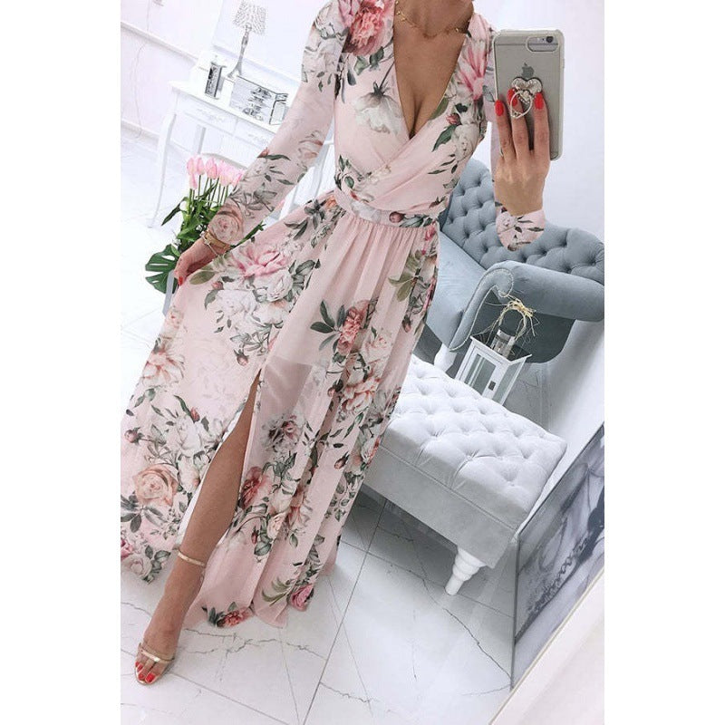 Robe d'été à manches longues et col en V en mousseline de soie imprimée style bohème pour femme