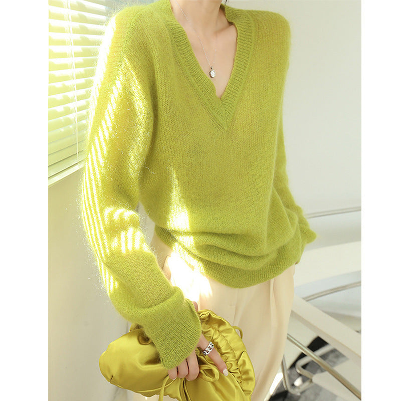 Fashion Fluorescent Green Mohair Sweater For Women