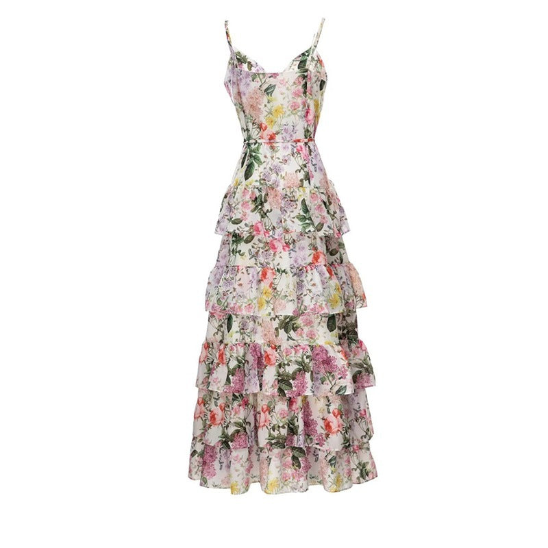 New Elegant Single-breasted Spaghetti-strap Floral Print Ruffled Large Swing Dress