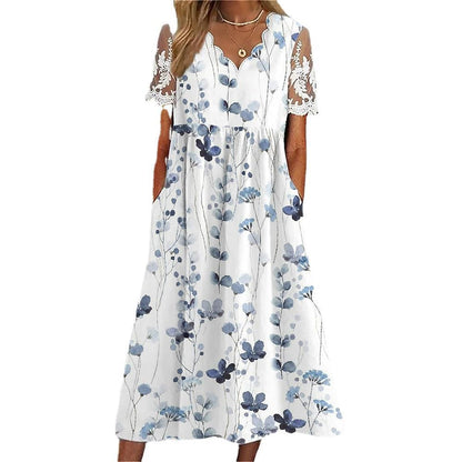 Flower Printed V-neck Short Sleeve Large Swing Vacation Style Dress