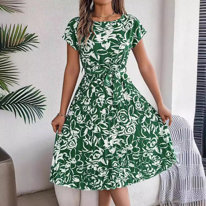 European And American Elegant Flower Short Sleeve Large Hem Pleated Dress