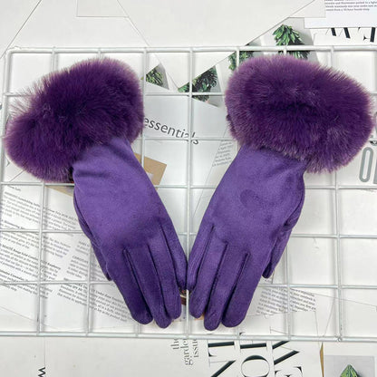 Guantes cálidos con forro polar para montar en invierno con boca de piel para mujer, guantes gruesos con batería para coche