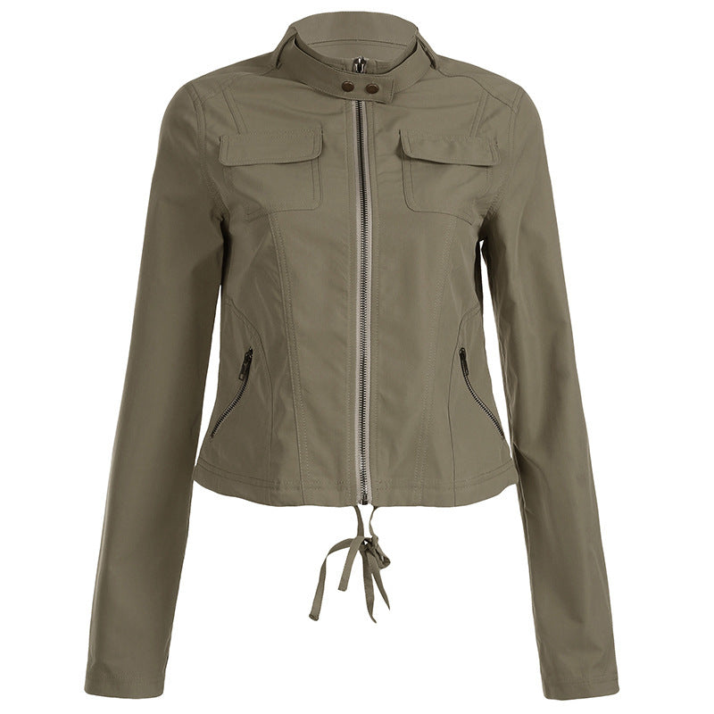 Chaqueta de moda resistente con bolsillo y cremallera y cuello alto para mujer