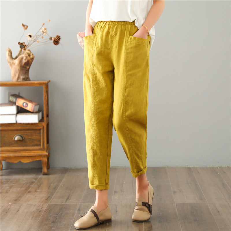 Pantalones casuales sueltos de cintura alta de lino para mujer