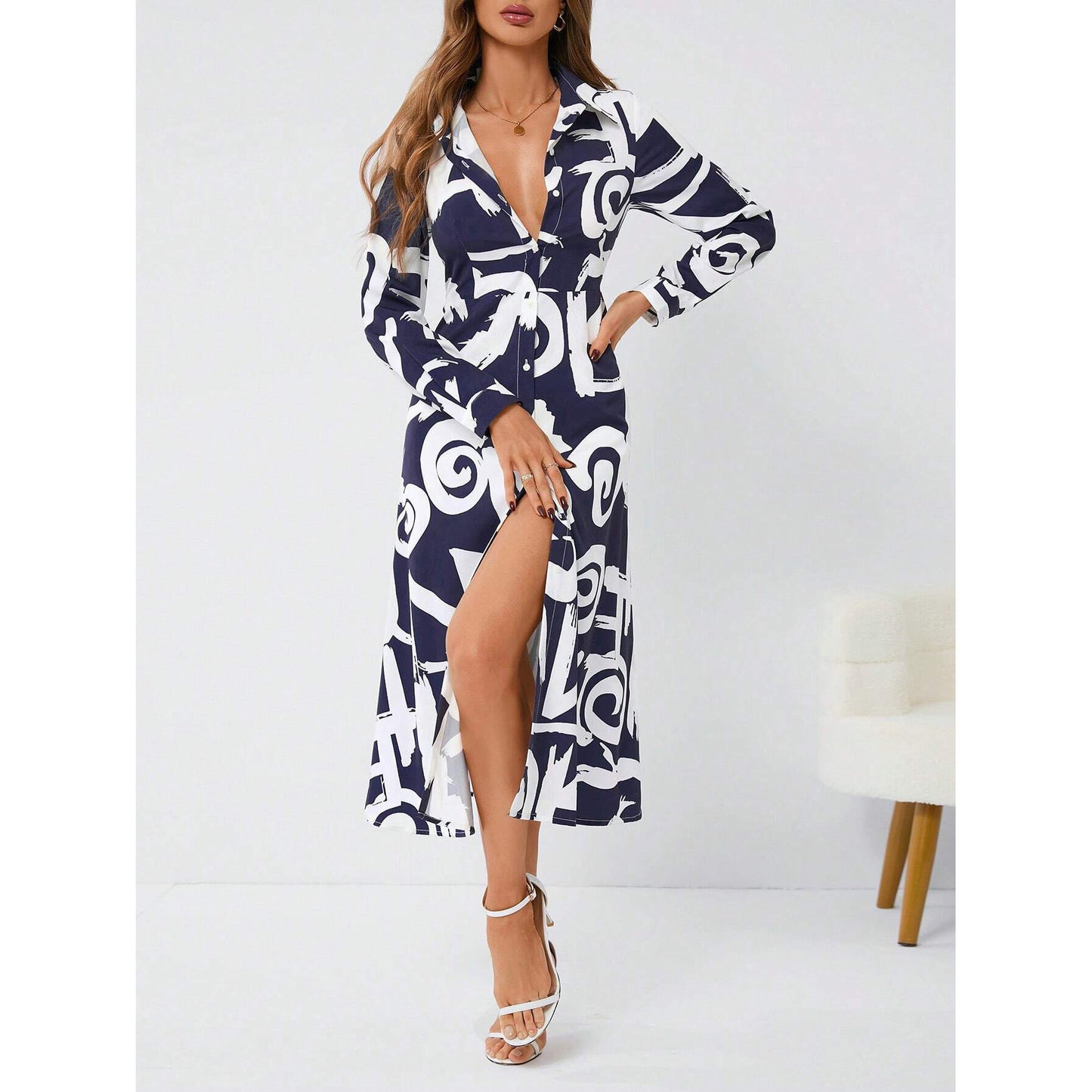 High Side Slit Floral Print Long Sleeve Dress