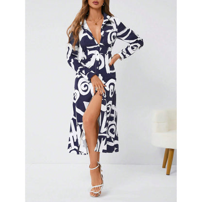 High Side Slit Floral Print Long Sleeve Dress