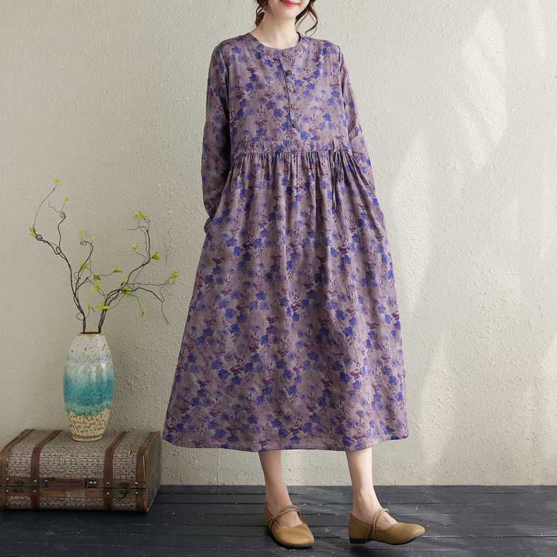 Hemp Cotton Printed Ethnic Style Round-neck Long-sleeved Dress