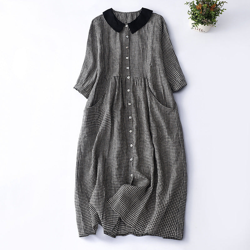 Shirt Dress Women's Artistic Style Tartan Linen Waist Long Skirt