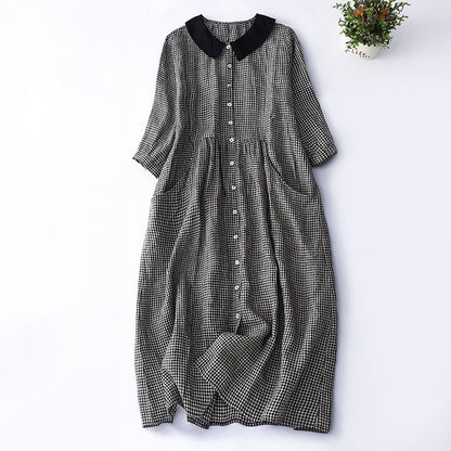 Shirt Dress Women's Artistic Style Tartan Linen Waist Long Skirt