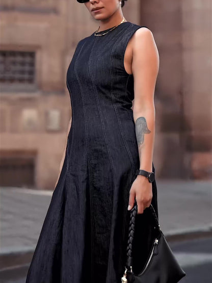 Round Neck Sleeveless Maxi Denim Dress