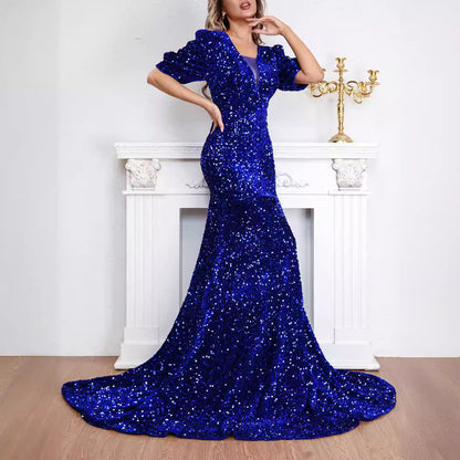 Sexy Middle Sleeve Trailing Sequin Dress Banquet Evening Dress