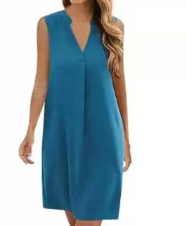 Sleeveless Elegant V-neck Loose Solid Color Dress Women