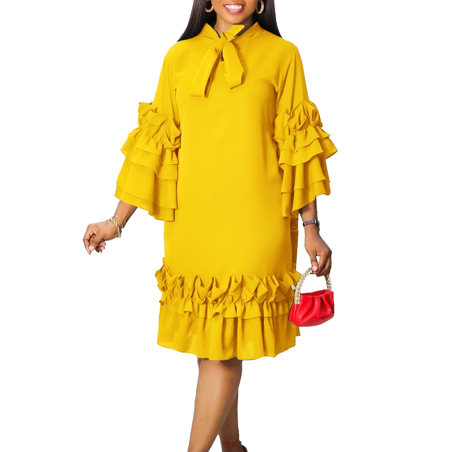 Fashion Casual Style Ruffled Flare Sleeve Plus Size Dress