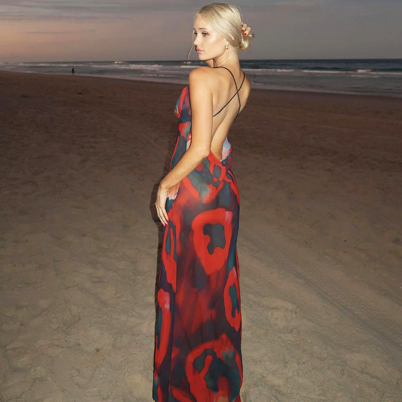 European And American Printed V-neck Long Dress Sexy Backless Fashion Dress