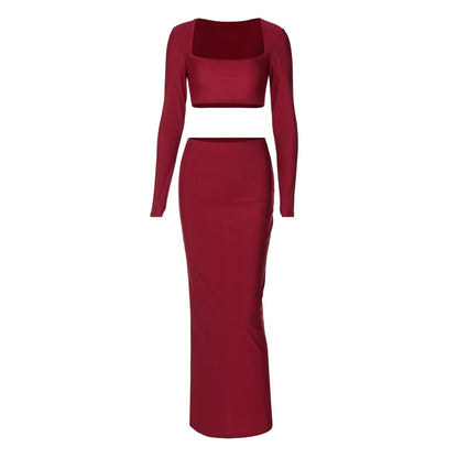 European And American Long Sleeve Dress Navel Midriff Outfit Bandeau Solid Color Suit