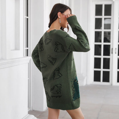 Robe pull à manches longues et col en V en jacquard avec dessin animé de dinosaure mignon pour femme, robe tricotée ample, automne et hiver