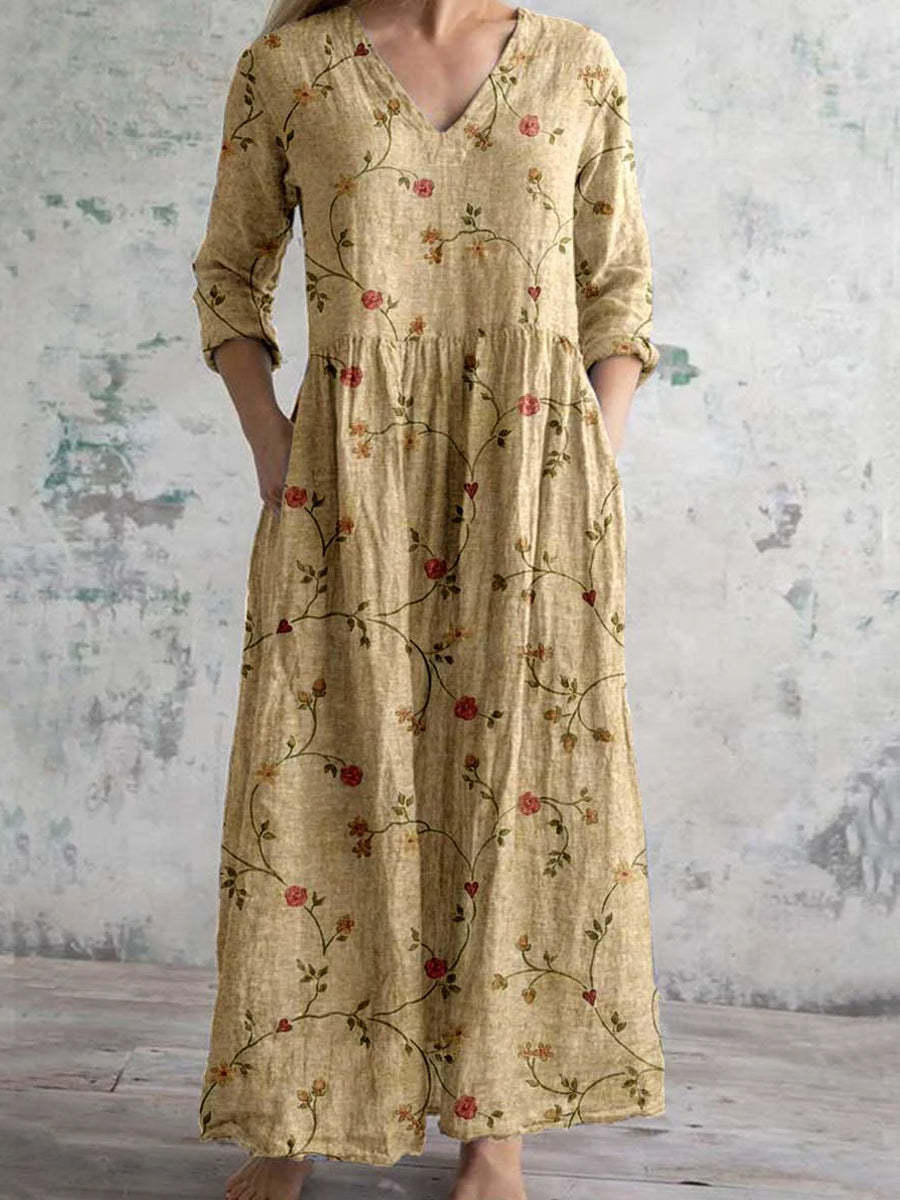 Robe mi-longue décontractée à imprimé floral et col en V pour femme