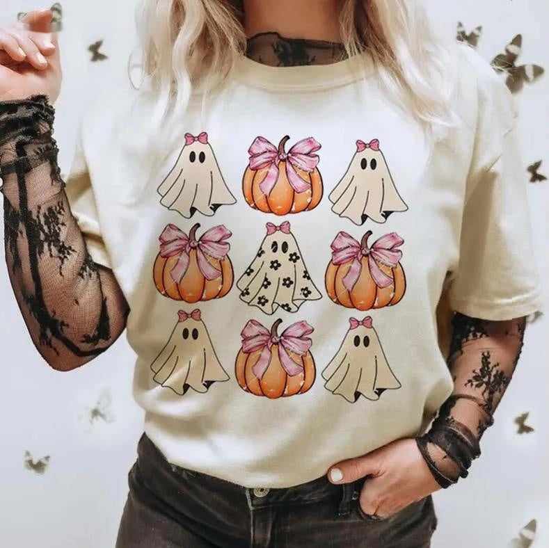 Camiseta de moda con cuello redondo y lazo de calabaza para Halloween