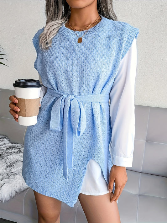 Lace Up Split Hem Knitted Sweater Dress, Versatile Crew Neck Cap Sleeve Plain Color Dress, Women's Clothing