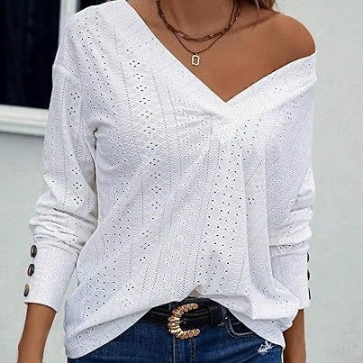 Women's Casual V-neck Long Sleeved Lace Embroidered Shirt