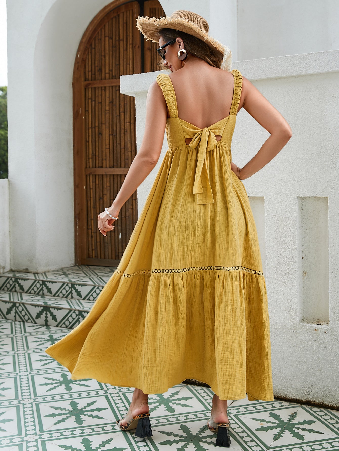 Women's Textured Cotton Maxi Dress - Elastic Smocked Front, Bow-Tie Back, And Lace Trimmed Hem In Elegant Yellow-Green-White