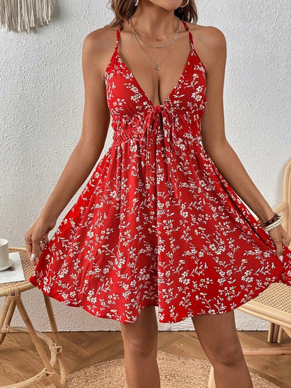 Flower Printed V-neck Large Swing Dress