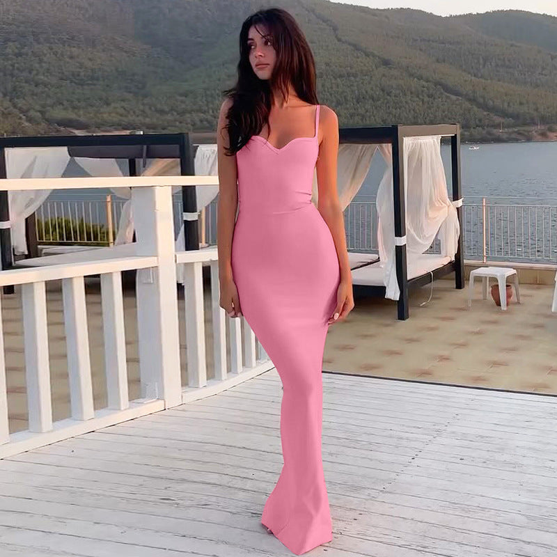 Jupe licou de couleur unie européenne et américaine, robe de tempérament slim taille haute