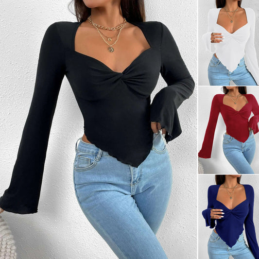 V-neck Flared Sleeves Waist Trimming Knitted Long Sleeve T-shirt