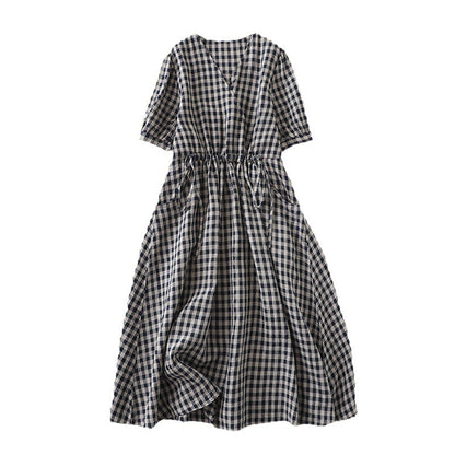 Cotton And Linen Short Sleeve Pullover Elastic Retro Plaid Dress