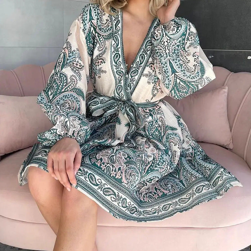 Robe décontractée à lacets ample à col en V et à la mode pour femmes