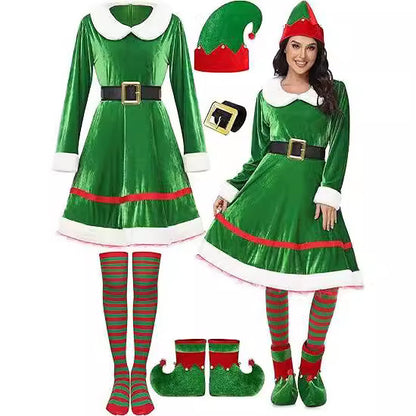 Costume de lutin de Noël pour femme, robe en velours, ceinture, chaussettes hautes rayées au-dessus du genou