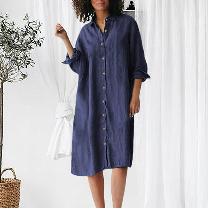 Long Sleeve Lapel Button Shirt Mid-length Dress